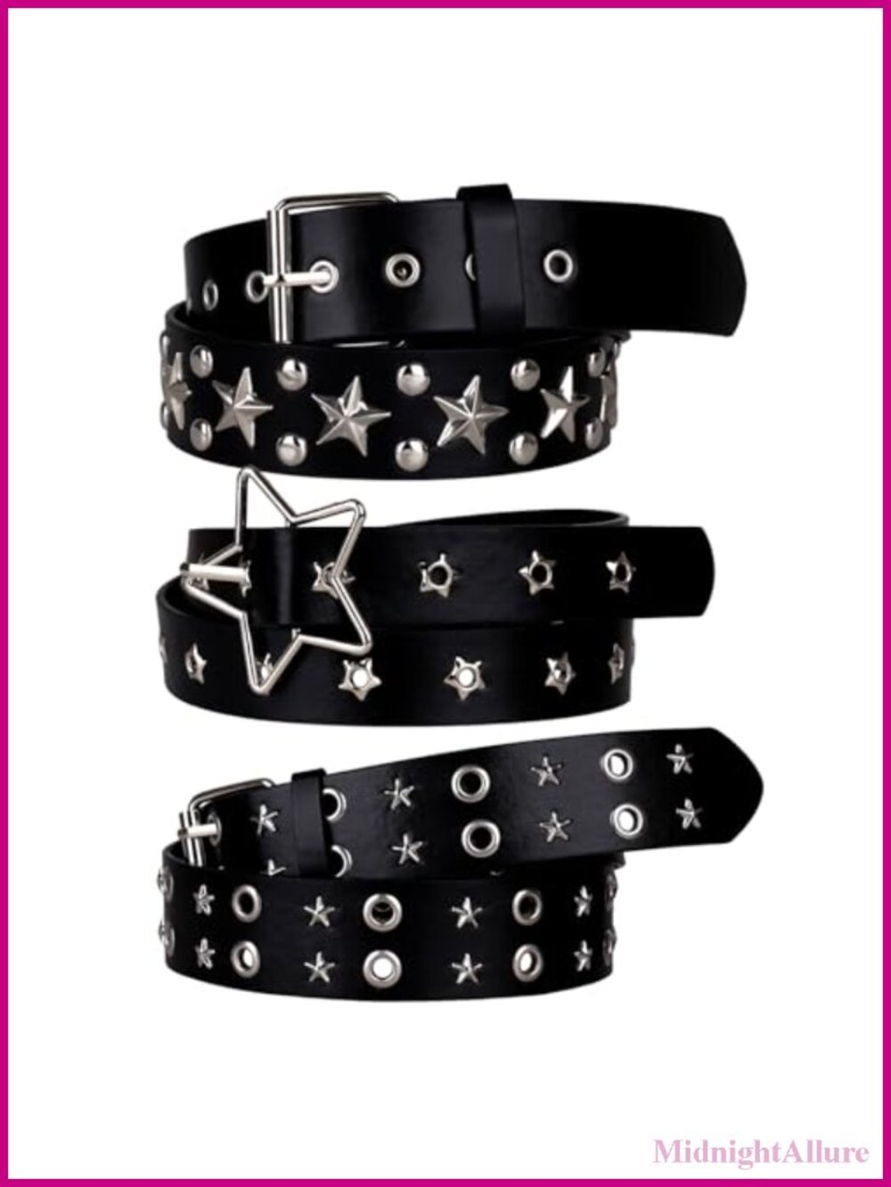 3 Pc Studded Belt Set Y2K Star Waist Punk Goth Metal Buckle Adjustable
